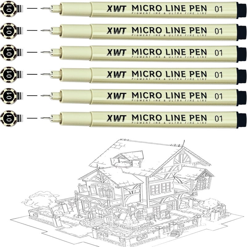 XWT Micro Fineliner Pens 6Pcs 0.25mm/Set, Ultra Fine Fineliner Pen, Water-based Black Pigment Ink, Drawing Journaling Doodling Supplies for Artists, Designers, Students - Image 1